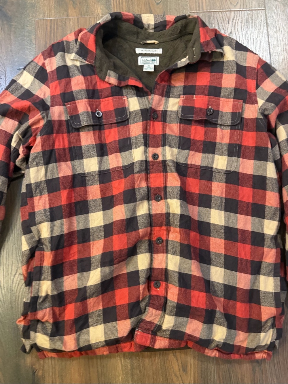 Vintage L.L. Bean red orange brown Plaid Flannel fleece lined button Jacket